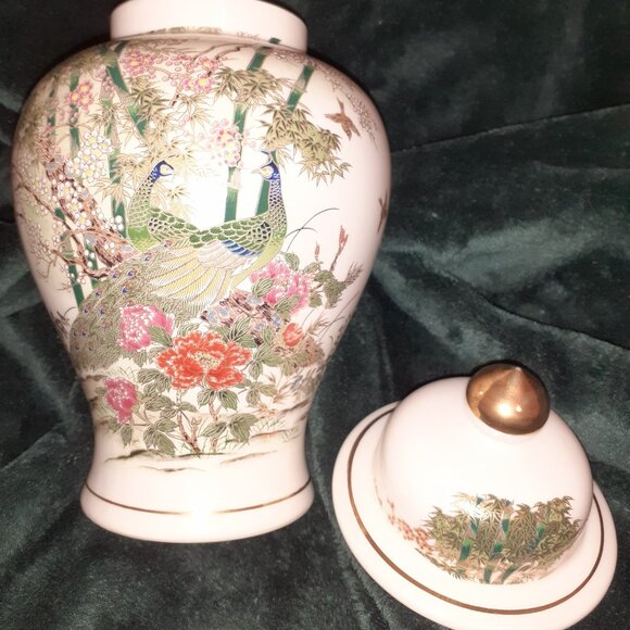 vintage Otigiri OMC Japan Accessories - JAPAN FLORAL PEACOCK BIRD GINGER JAR W LID, VINTAGE 1980 OMC OTIGIRI, BEAUTIFUL